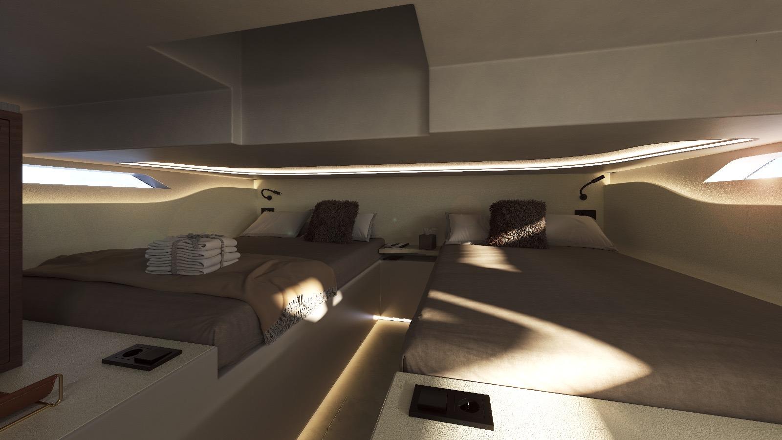 Main cabin with natural light and closets.